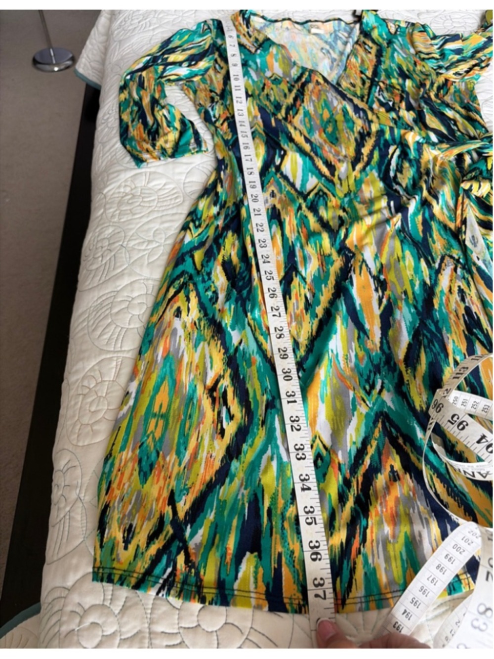 Women's Emma & Michele Green Yellow Abstract Long Sleeve Wrap Dress M #0061 - Picture 6 of 7